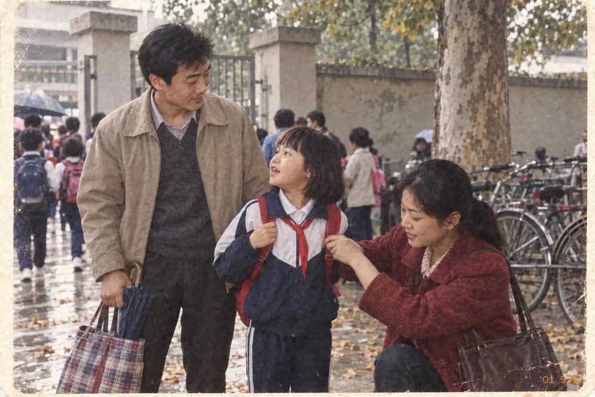 2001年,一家人在开学这一生活节点的纪实感画面